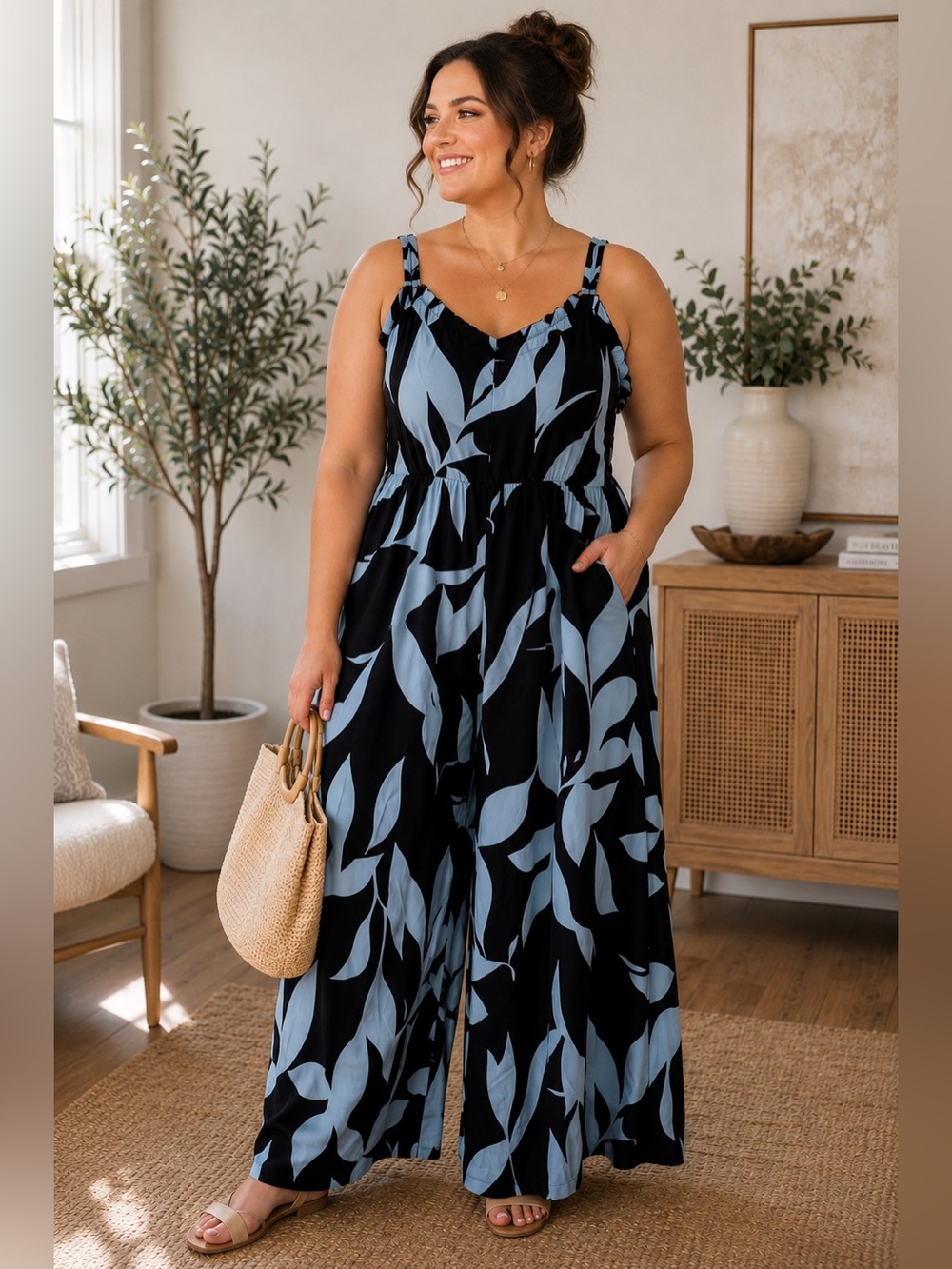 BloomChic Plus Size 18-20 Blue Black Floral Wide Leg Jumpsuit Romper NWOT